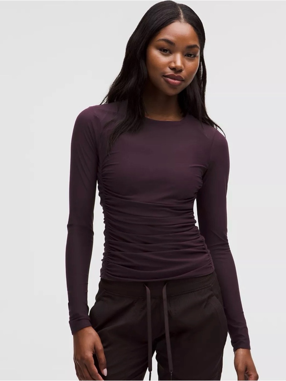 lululemon athletica Mesh Long-Sleeve Ruched Crewneck Top in Plum